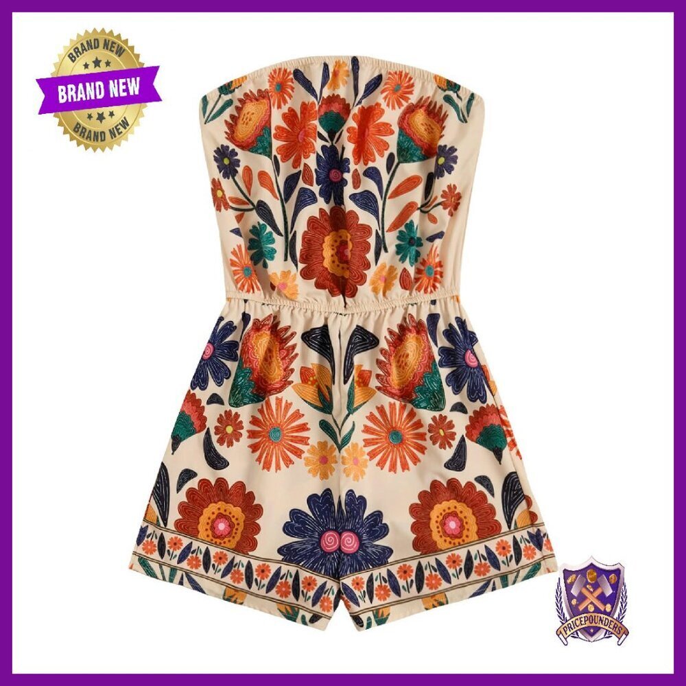 Strapless Floral Romper Jumpsuit Summer Vacation Beach Wear